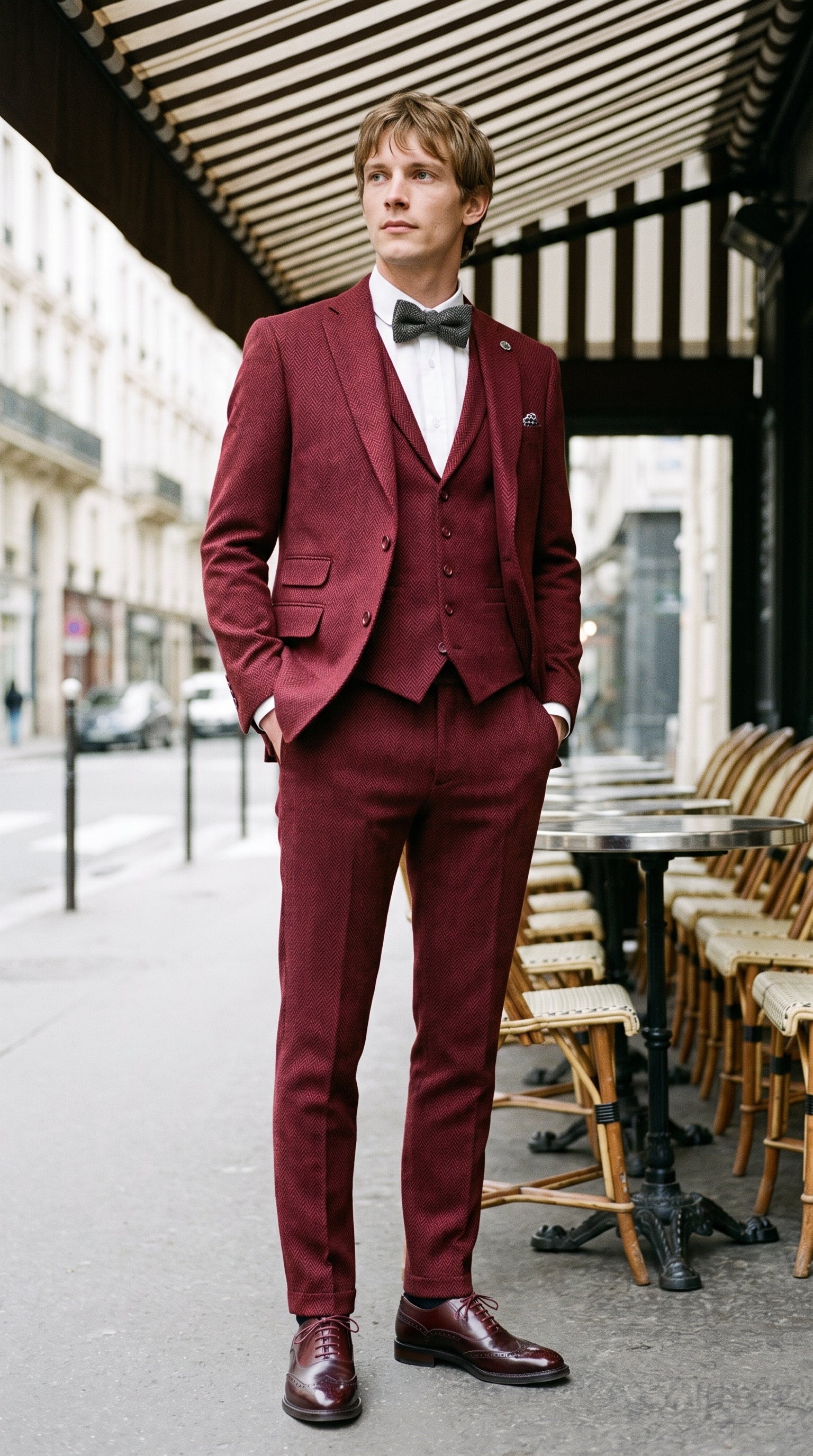 Look #144 styled with Men's Herringbone Wine Maroon 3 Piece Tweed Suit - STZ11
