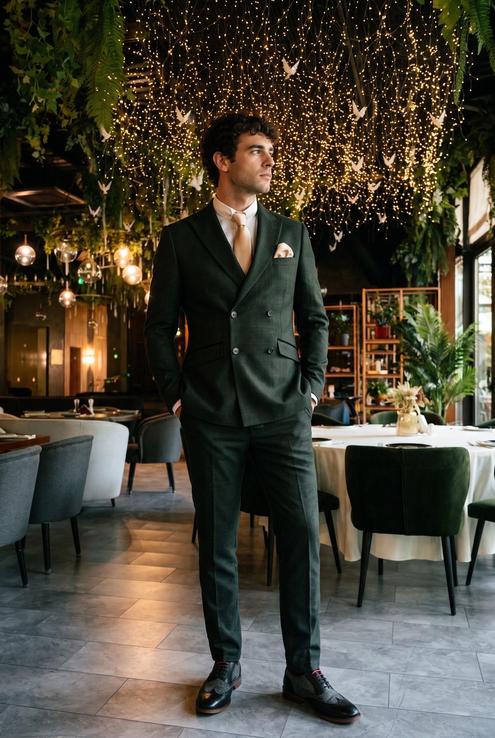 Look #784 styled with Caridi - Men's 2 Piece Olive Green Double Breasted Suit
