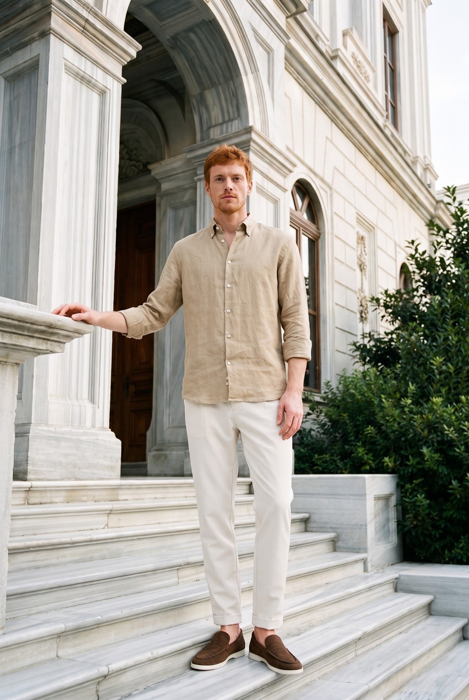 Look #1025 styled with Men’s Dark Beige Pure Linen Shirt Long Sleeve Button-Down Summer Shirt
