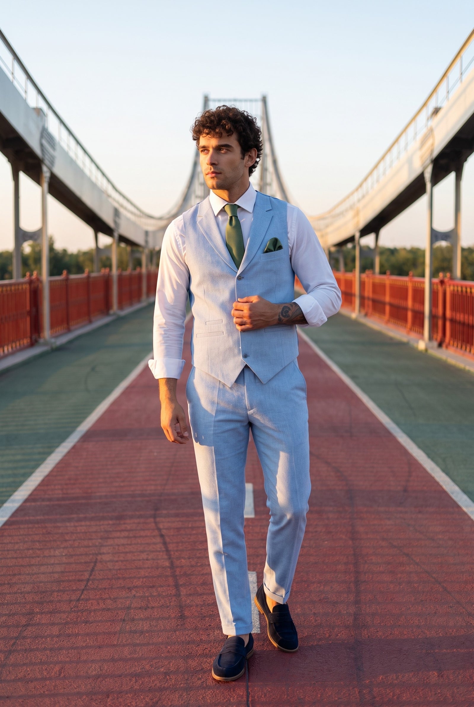 Look #886 styled with TP-13 - Men's Summer Suit Waistcoat Trousers Linen Formal Baby Blue Wedding
