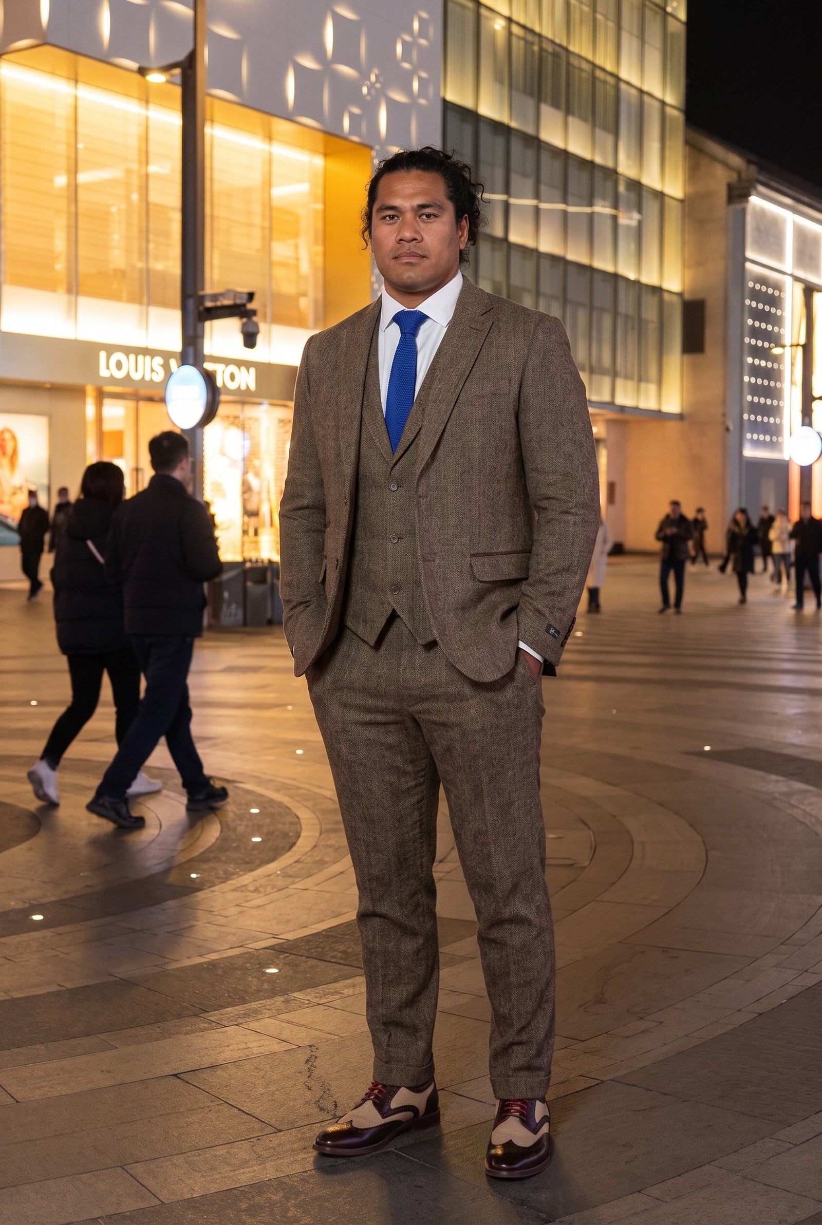 Look #966 styled with Oak-Brown Herringbone Tweed 3 Piece Suit