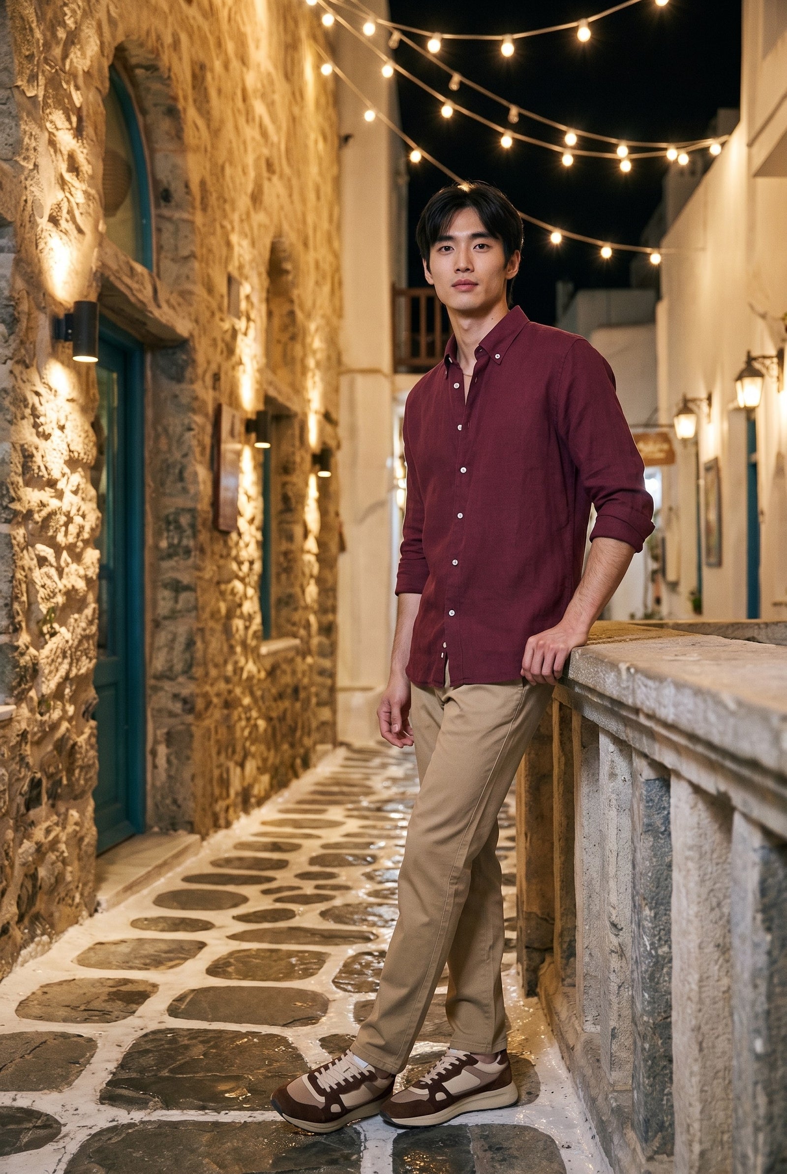 Men’s Burgundy Pure Linen Shirt Long Sleeve Button-Down Summer Shirt