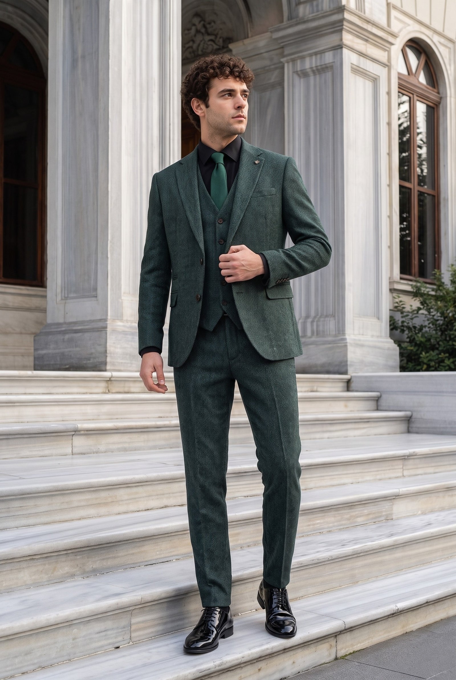 Look #1013 styled with Thomas - Olive Green 3 Piece Wool Blend Tweed Suit