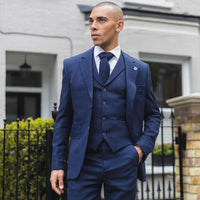 Men's Navy-Blue Herringbone Tweed 3 Piece Suit