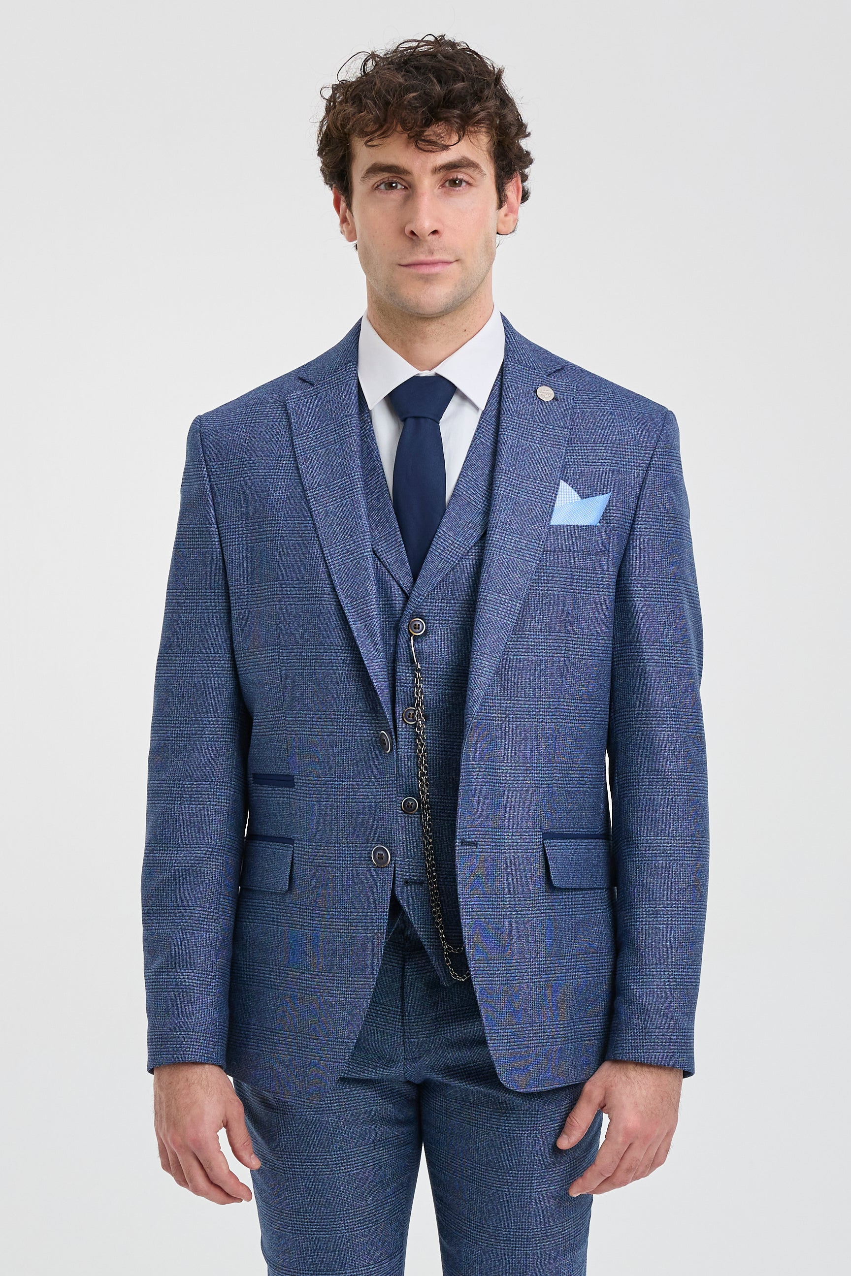 AK-09 Men's 3-Piece Tailored Blue Prince of Wales Check Suit