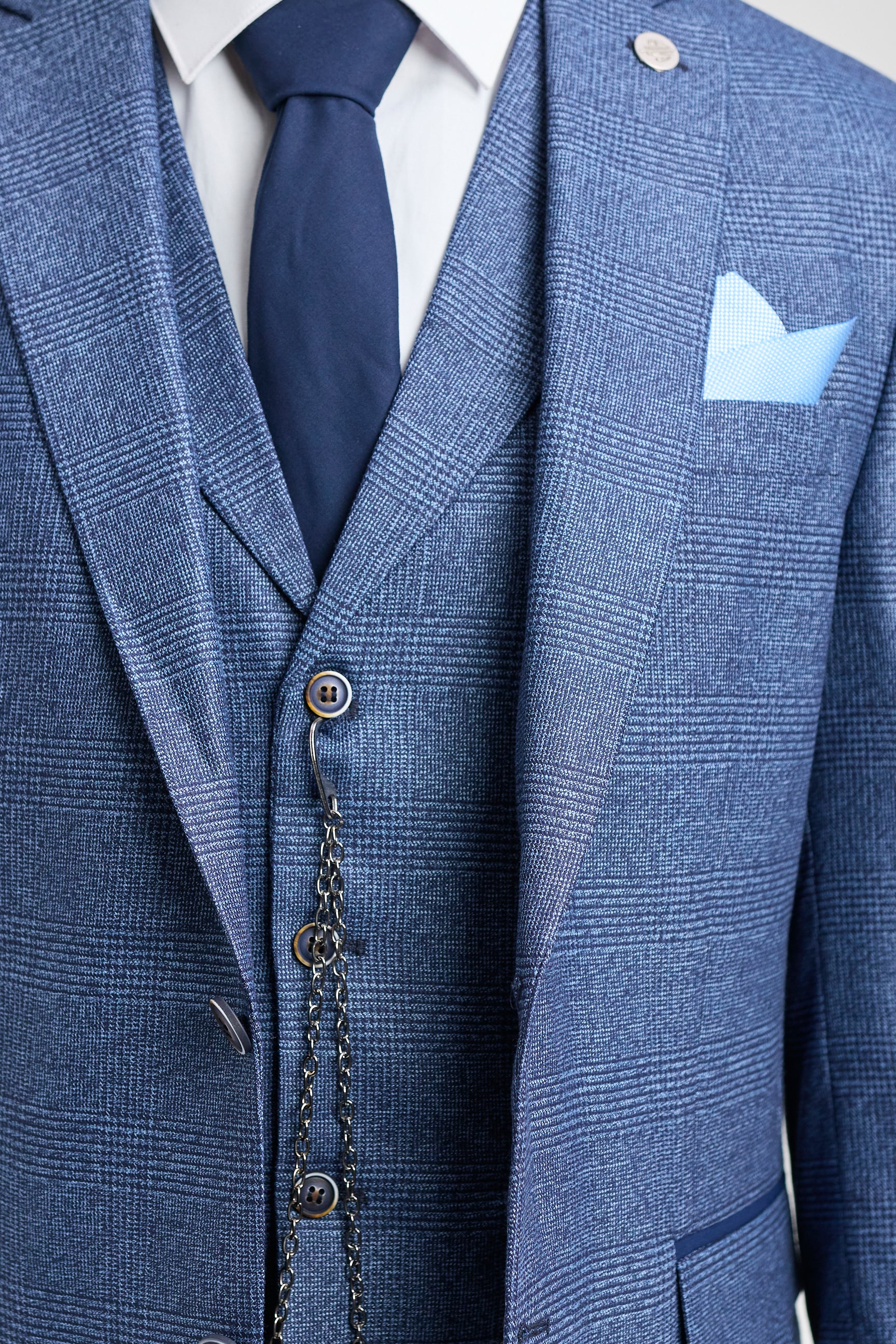 AK-09 Men's 3-Piece Tailored Blue Prince of Wales Check Suit