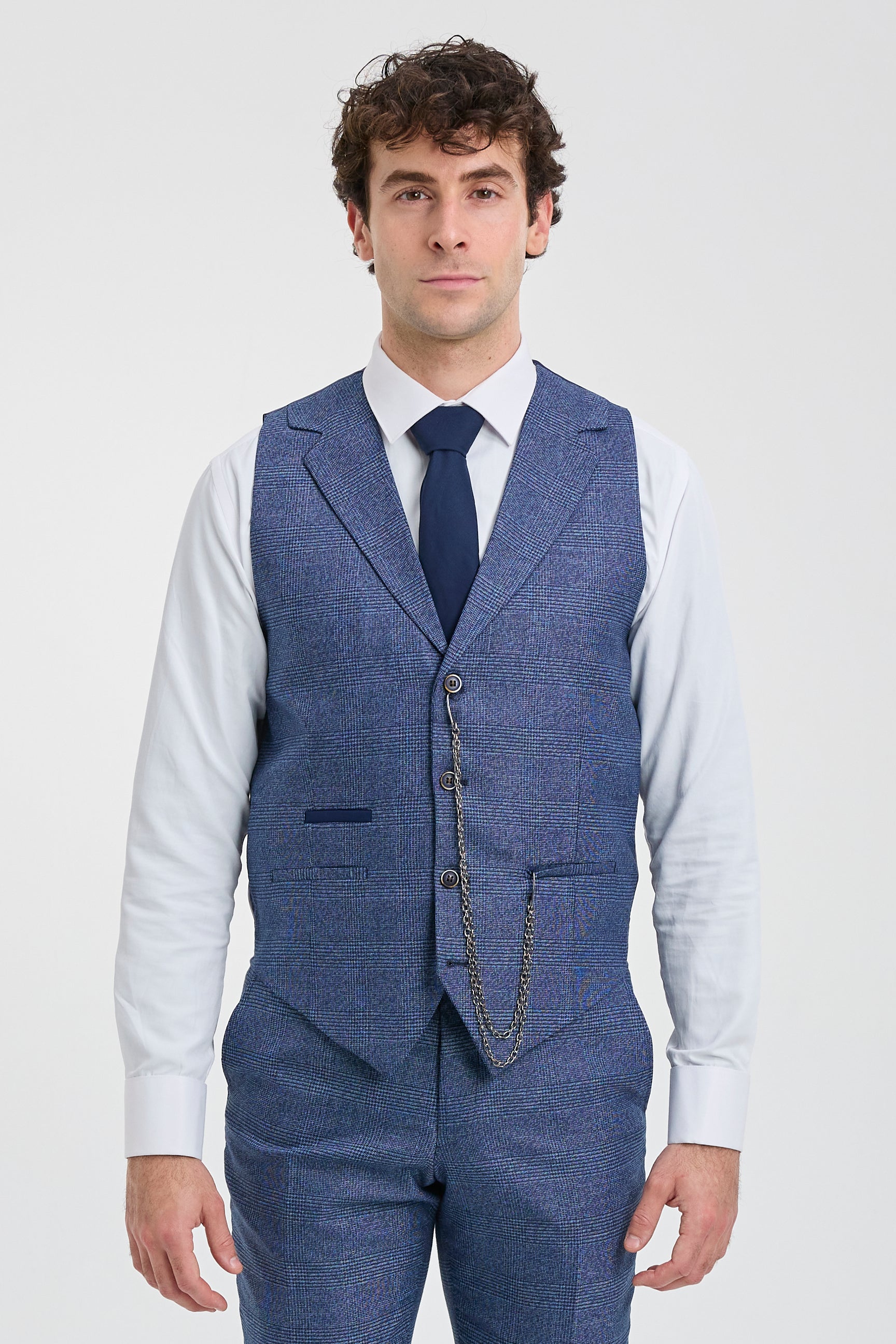 AK-09 Men's 3-Piece Tailored Blue Prince of Wales Check Suit