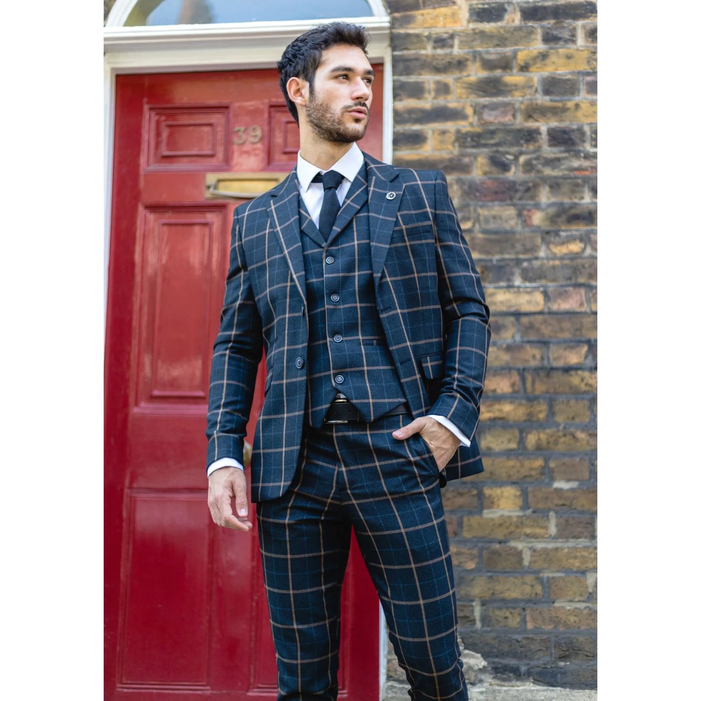 Men's Navy-Blue Windowpane Check 3 Piece Suit