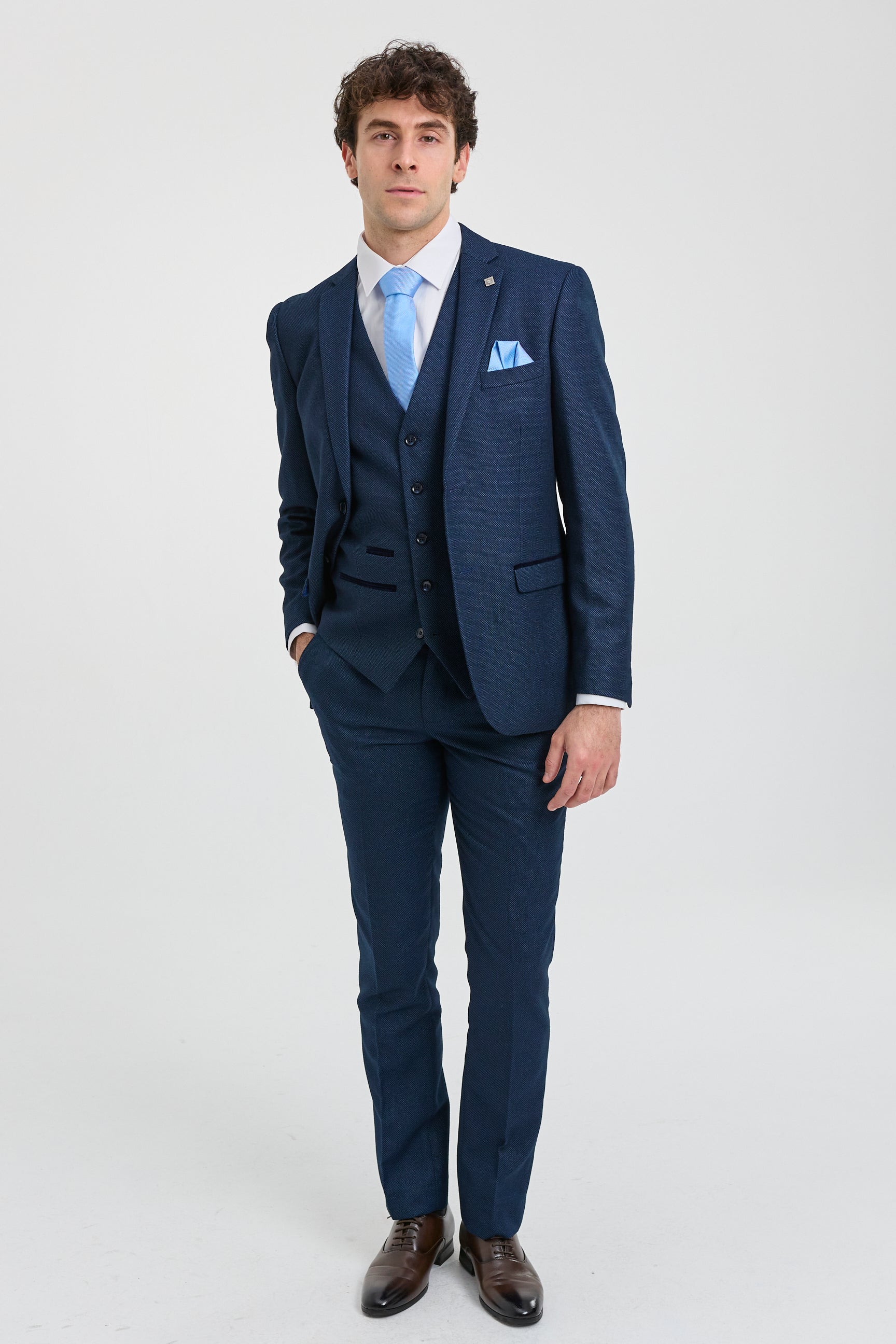 Mens Navy Blue 3 Piece Suit Birdseye Suit Wedding Prom Formal Smart Classic Mens Navy Blue 3 Piece Suit Birdseye Suit Wedding Prom Formal Smart Classic