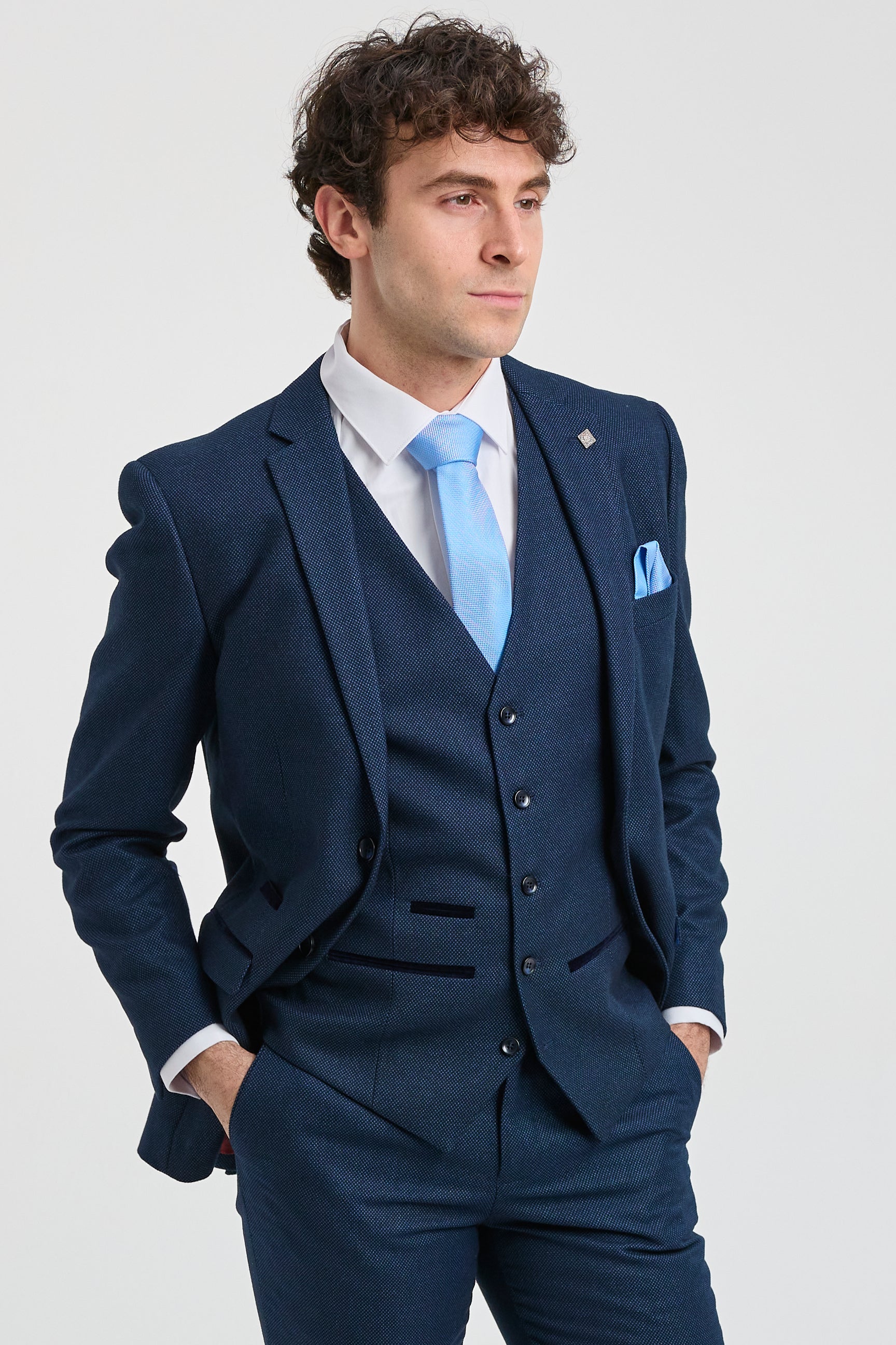 Mens Navy Blue 3 Piece Suit Birdseye Suit Wedding Prom Formal Smart Classic Mens Navy Blue 3 Piece Suit Birdseye Suit Wedding Prom Formal Smart Classic