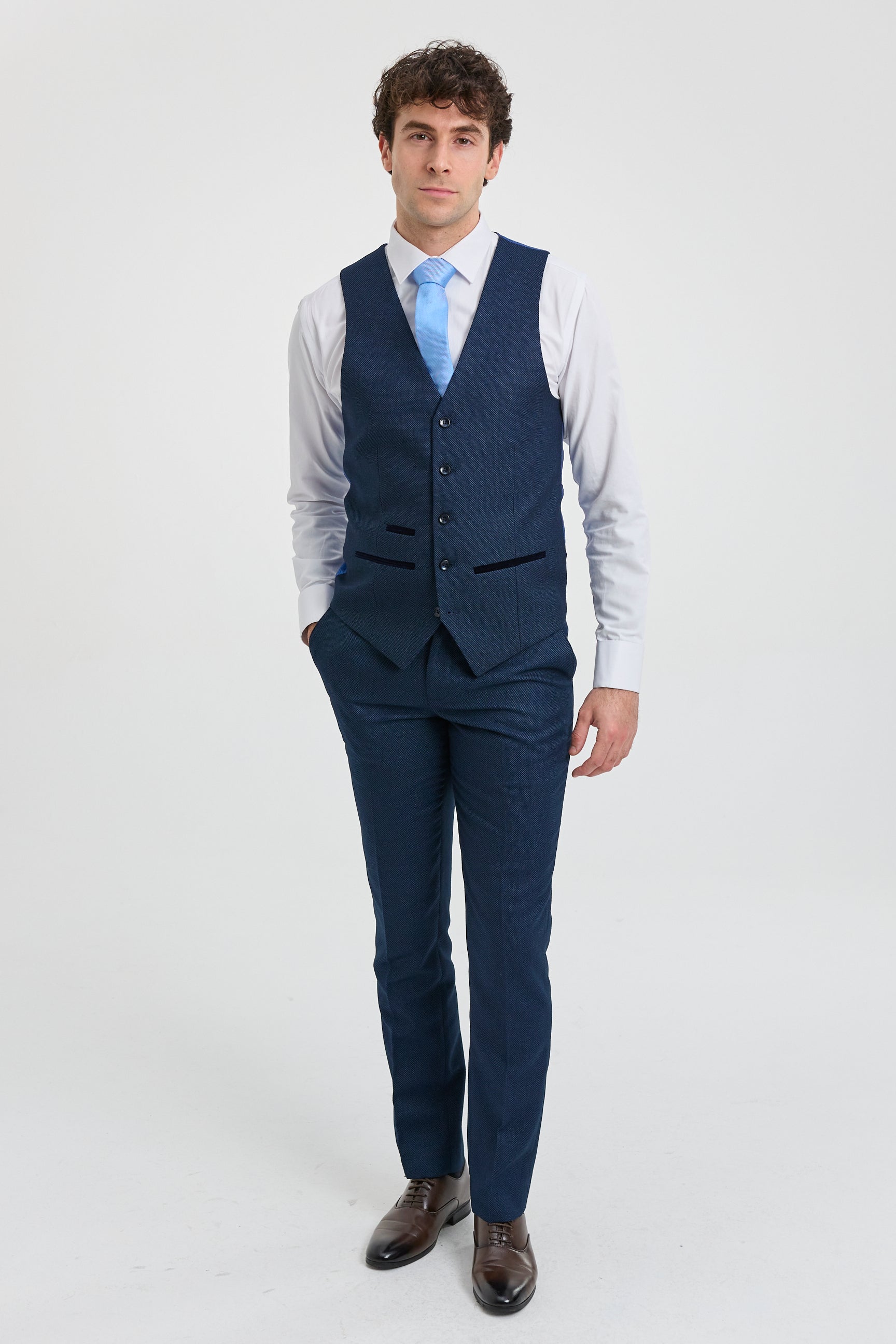 Mens Navy Blue 3 Piece Suit Birdseye Suit Wedding Prom Formal Smart Classic Mens Navy Blue 3 Piece Suit Birdseye Suit Wedding Prom Formal Smart Classic