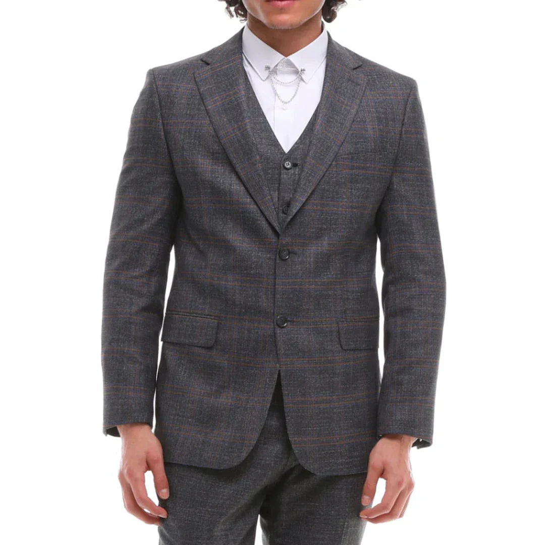 Mens 3 Piece Suit Grey Brown Check Tailored Fit Wedding Prom Races: Buy ...