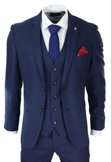 Mens Navy 3 Piece Suit Tailored Fit Smart Formal Classic Wedding Retro Vintage