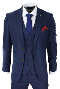 Mens Navy 3 Piece Suit Tailored Fit Smart Formal Classic Wedding Retro Vintage