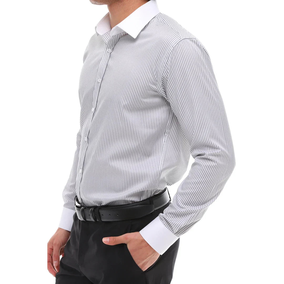 Men's Button Down Stripe Dress Shirt Formal Classic Collar - Grey