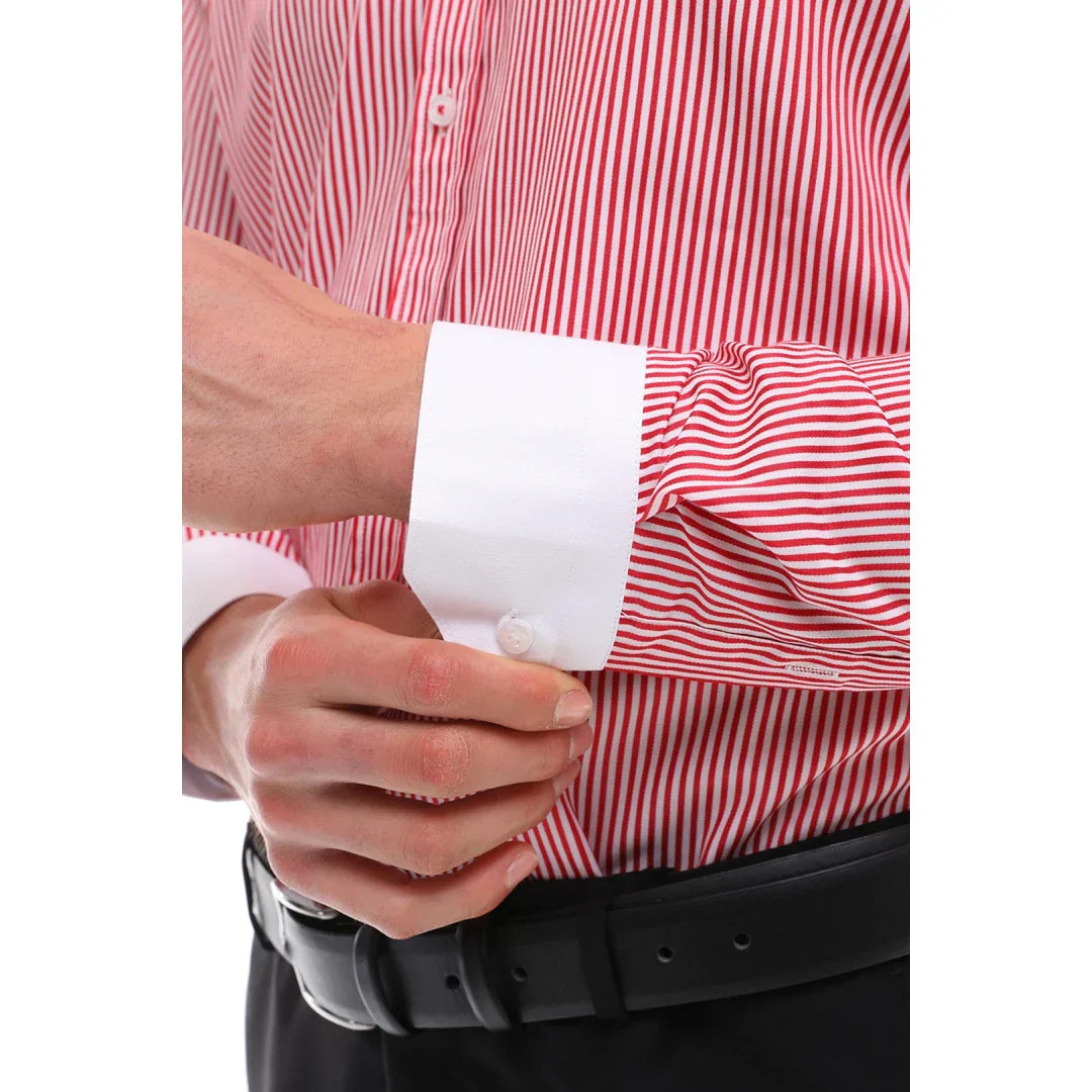 Men's Button Down Stripe Dress Shirt Formal Classic Collar - Red