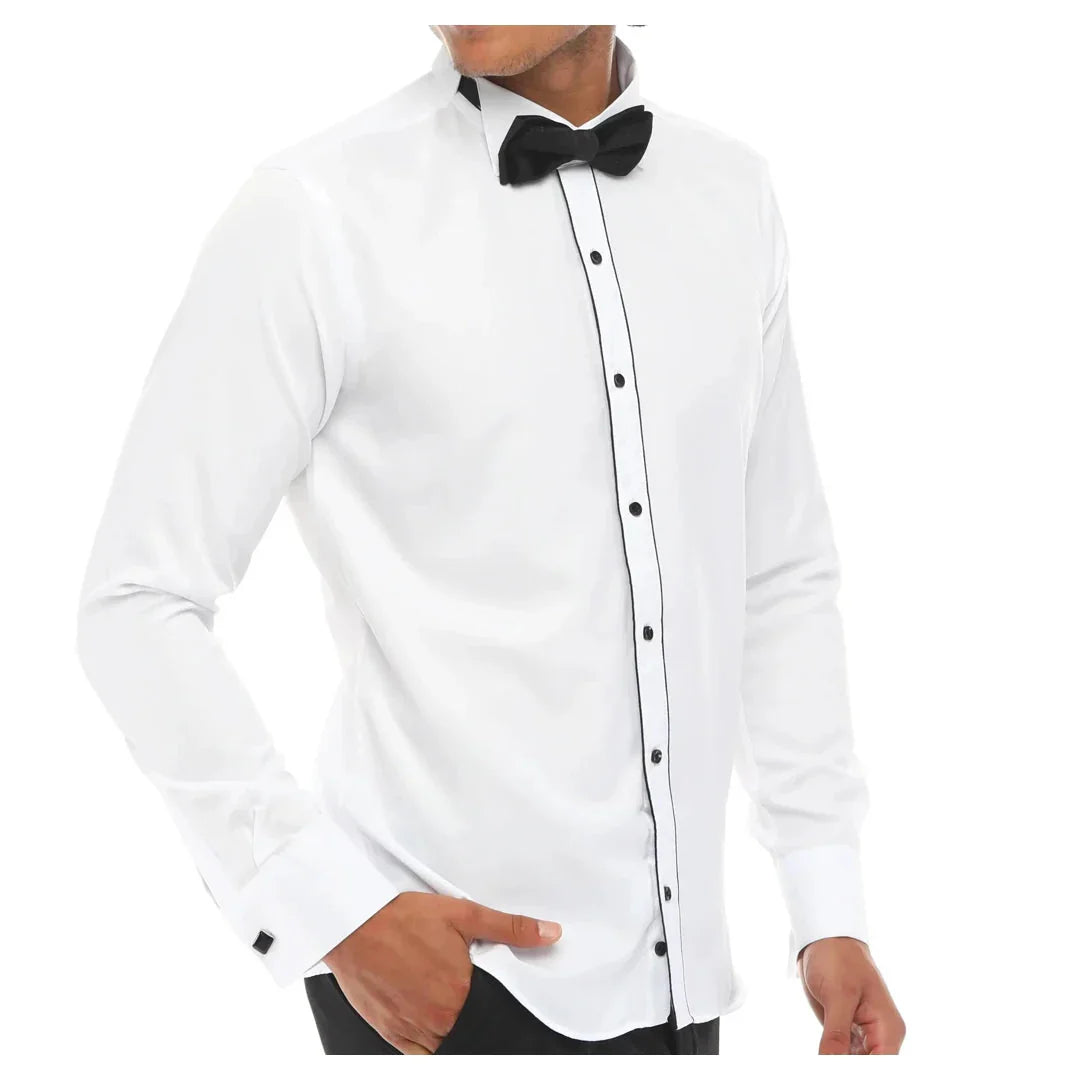 Men's Wing Collar Shirt Tuxedo White Black Piping Double Cuff Dinner Classic Men's Wing Collar Shirt Tuxedo White Black Piping Double Cuff Dinner Classic