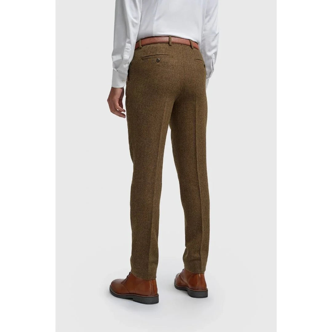 Thomas - Men's Brown Wool Blend Herringbone Tweed Trousers