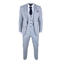 Men's Light Blue 3 Piece Plaid Check Suit