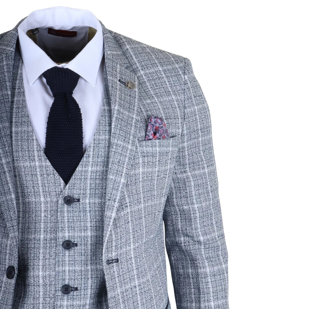Men's Light Blue 3 Piece Plaid Check Suit