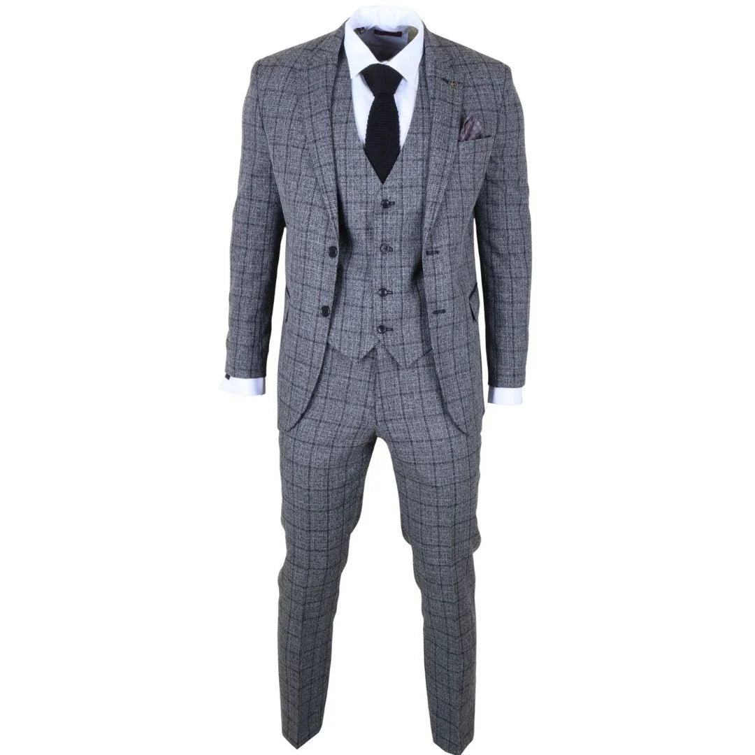 Men's Charcoal 3 Piece Tailored Fit Check Suit