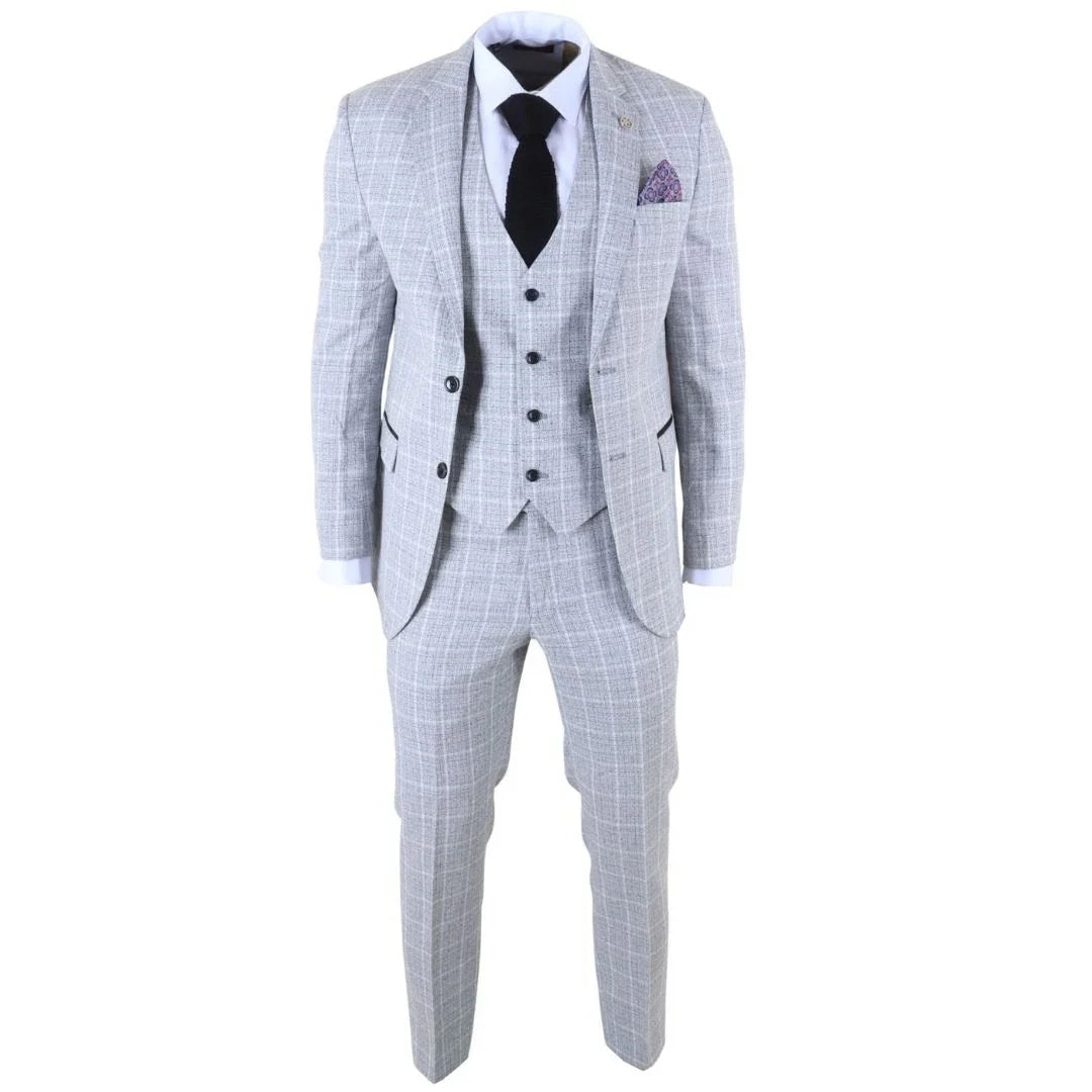 Men's Grey 3 Piece Tailored Fit Check Suit