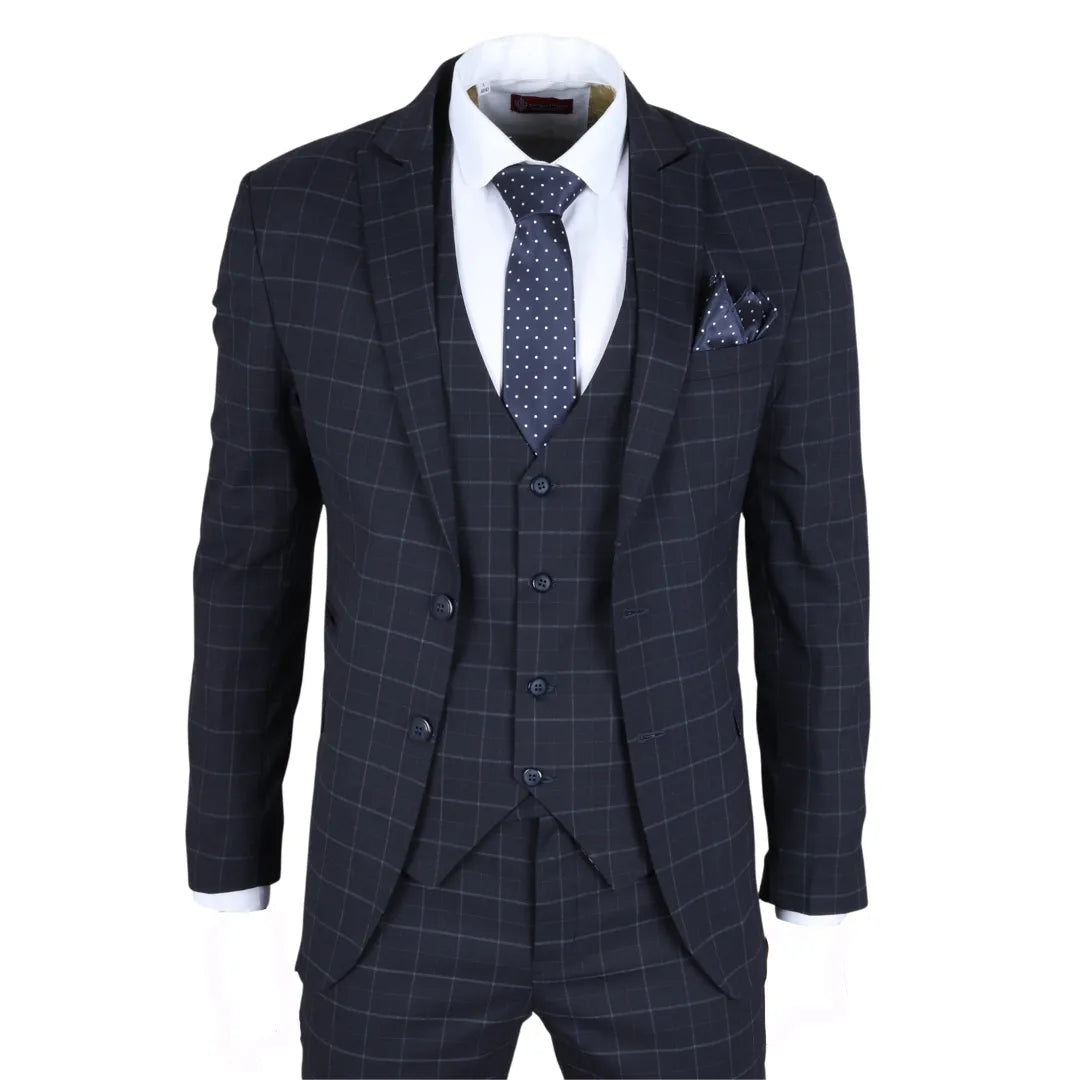 IM3 Men's Navy Checked Tailored Fit 3-Piece Suit: Buy Online