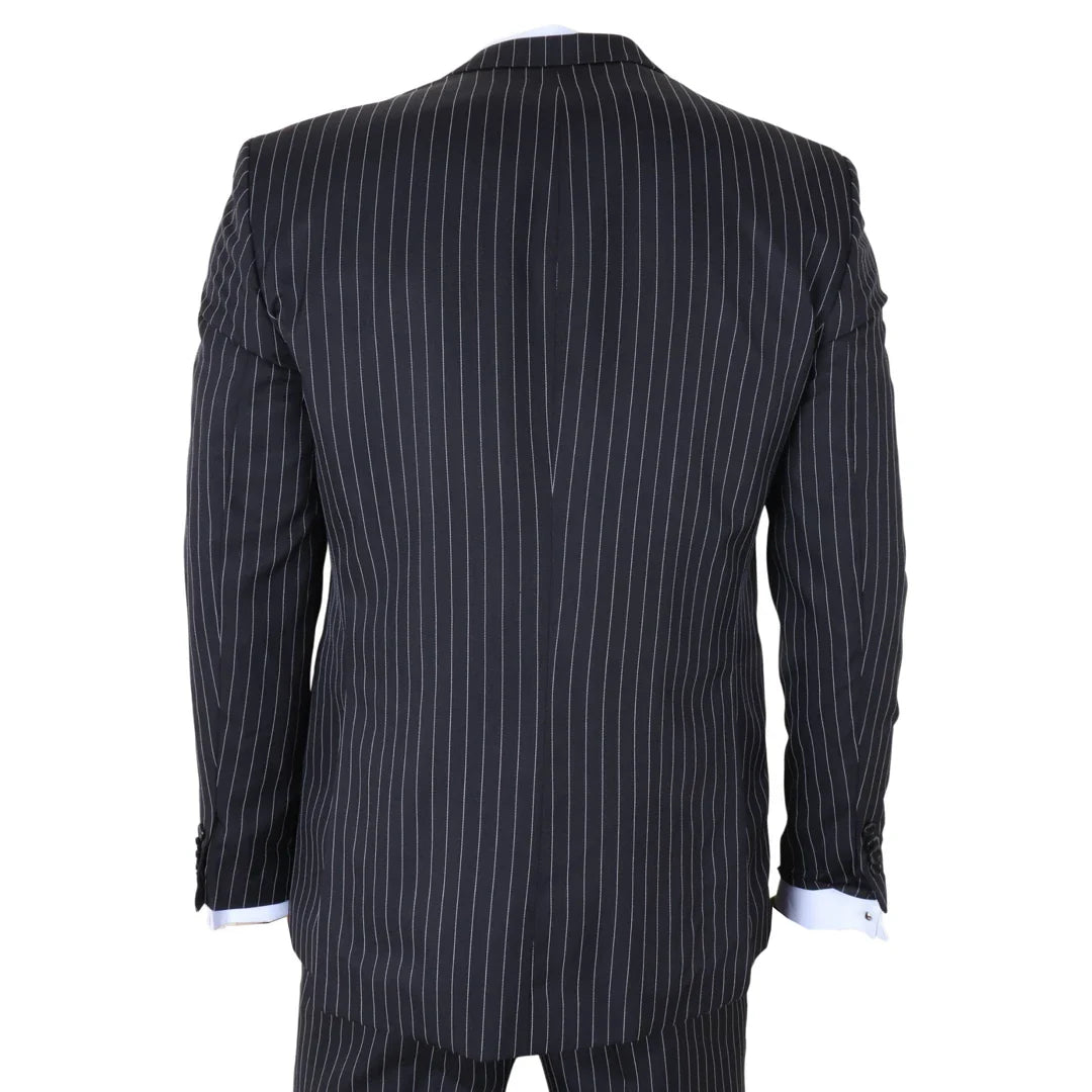IM45 - Men's Pinstripe 3 Piece Black Suit Mafia Style