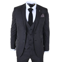 IM45 - Men's Pinstripe 3 Piece Black Suit Mafia Style