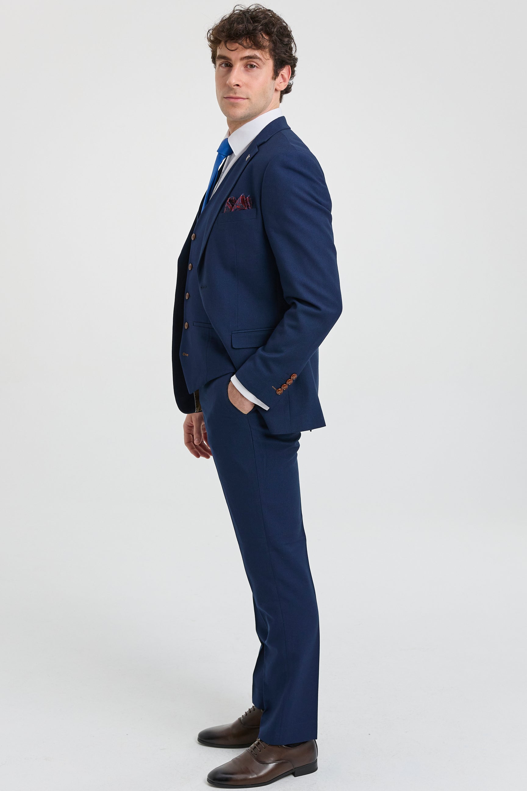 Mens Navy 3 piece Suit Brown Trim Classic Birdseye Vintage Wedding