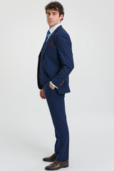 Mens Navy 3 piece Suit Brown Trim Classic Birdseye Vintage Wedding Grooms