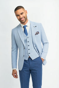 Men's Linen Sky Blue Summer Wedding Suit with Navy Trousers