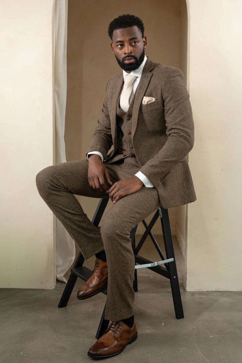 Oscar - Men's 3 Piece Brown Wool Blend Tweed Suit