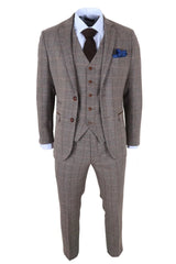 Harris - Men's Brown 3 Piece Herringbone Check Tweed Suit