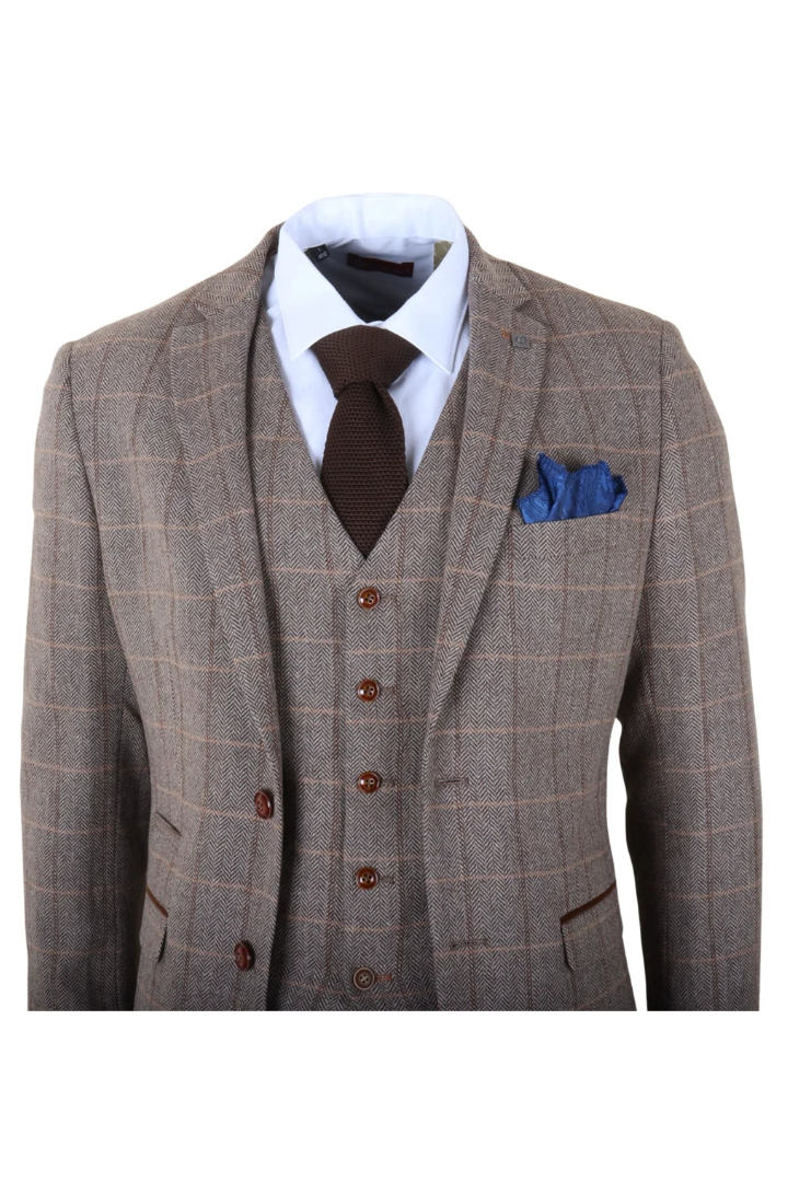 Harris - Men's Brown 3 Piece Herringbone Check Tweed Suit