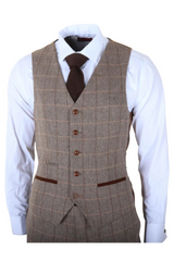 Harris - Men's Brown 3 Piece Herringbone Check Tweed Suit