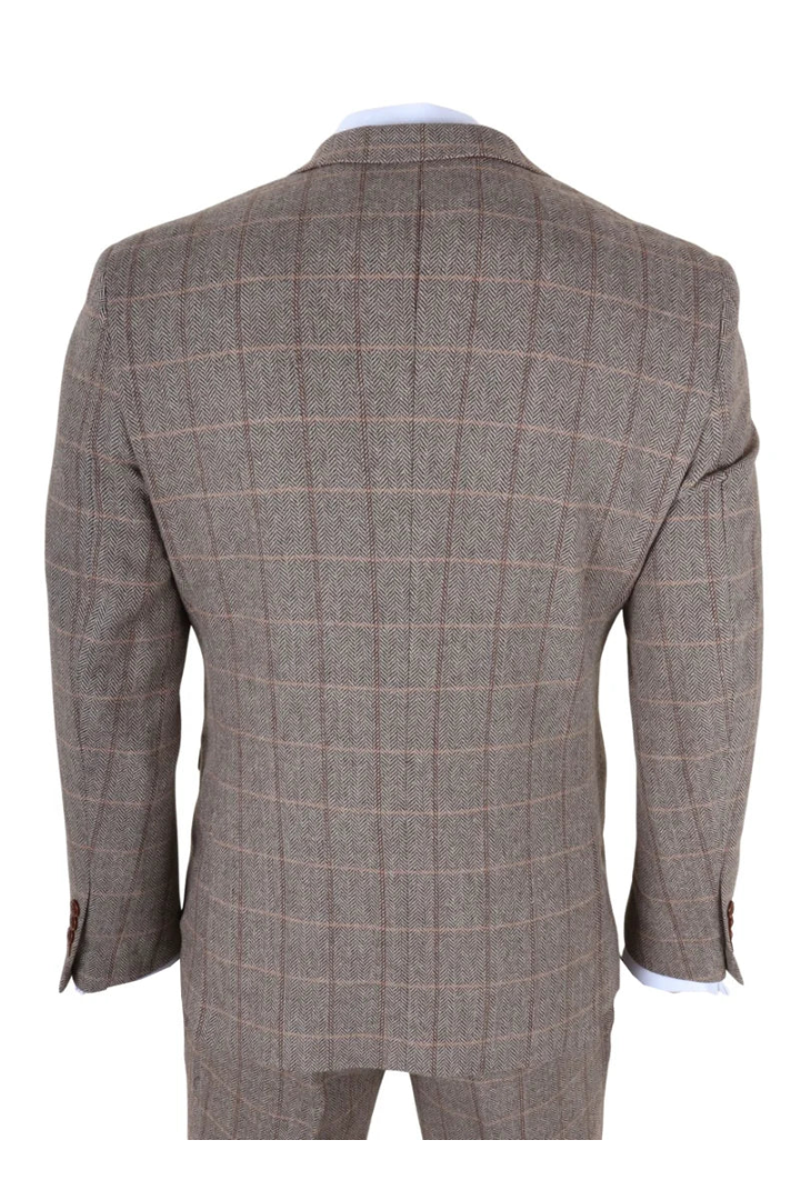Harris - Men's Brown 3 Piece Herringbone Check Tweed Suit