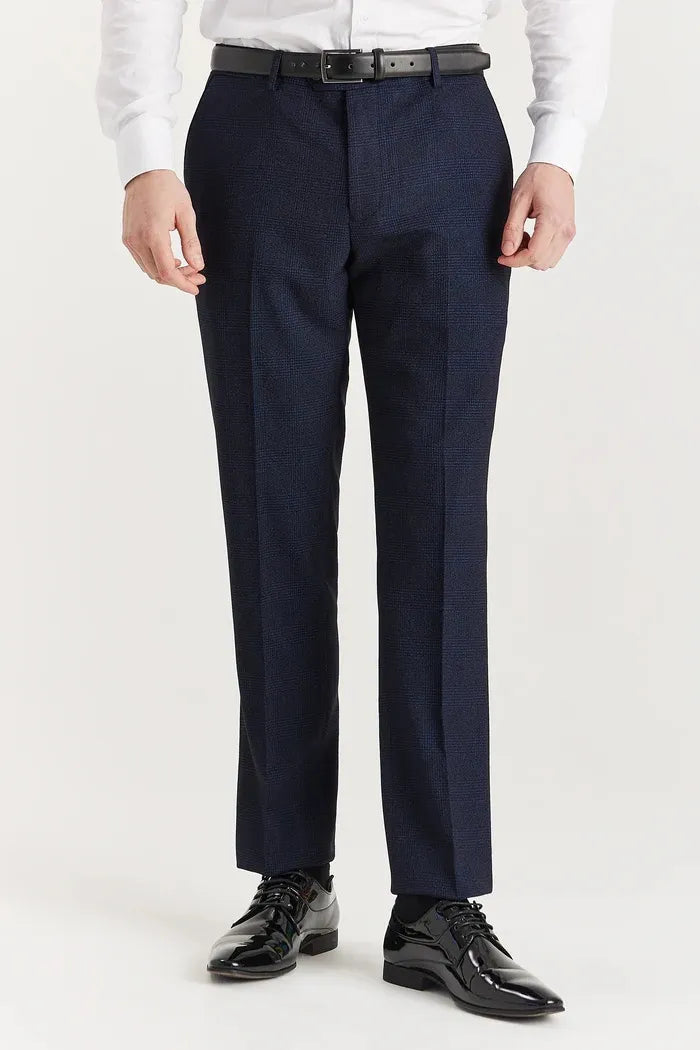 Regent - Men's Navy Plaid Check Trousers