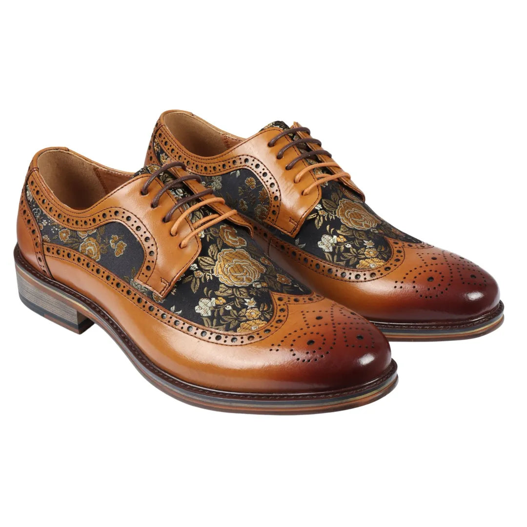 Ross - Men's Floral Print Leather Brown Brogue Shoes Ross - Men's Floral Print Leather Brown Brogue Shoes