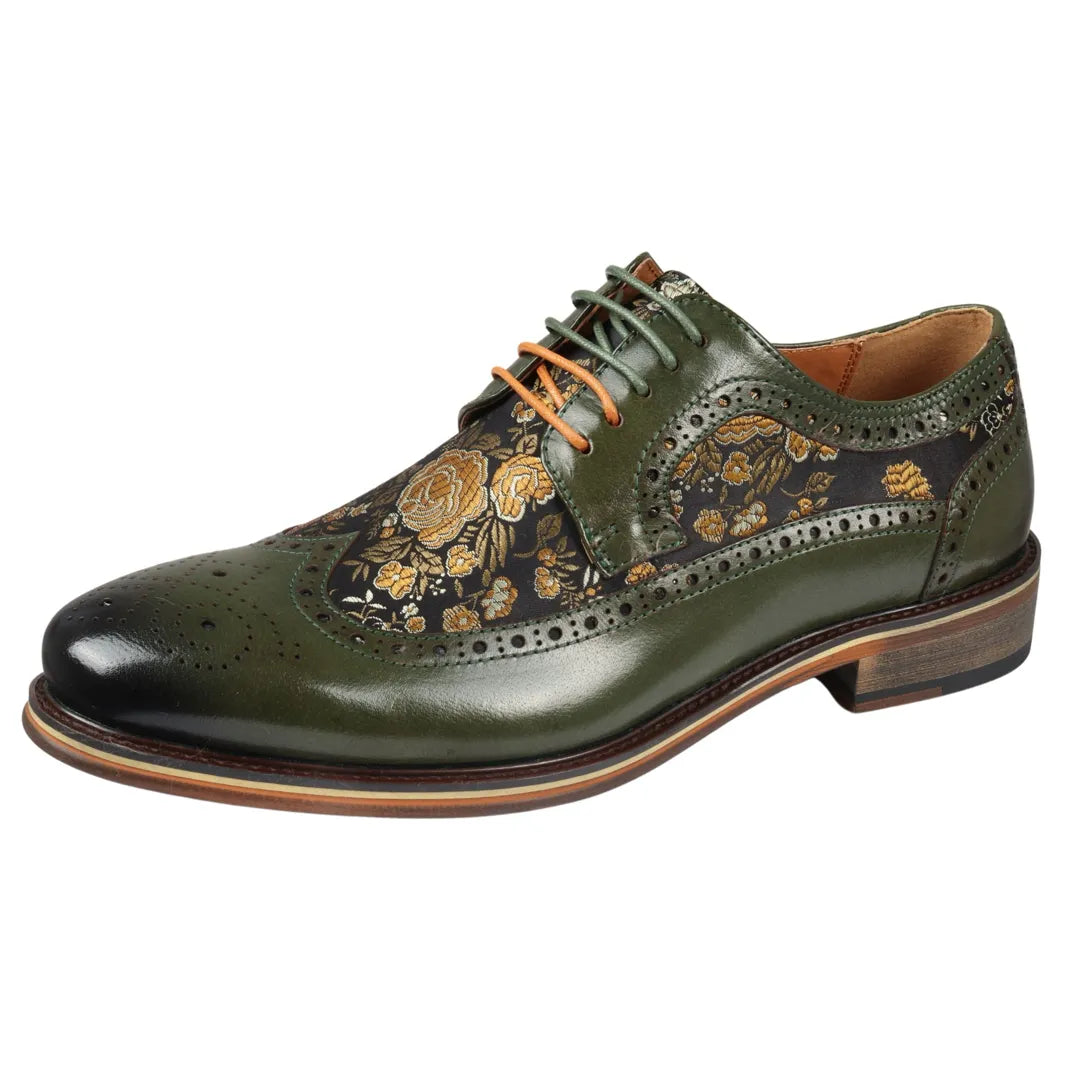 Ross - Men's Floral Print Leather Green Brogue Shoes Ross - Men's Floral Print Leather Green Brogue Shoes
