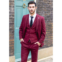 Men's Herringbone Wine Maroon 3 Piece Tweed Suit - STZ11
