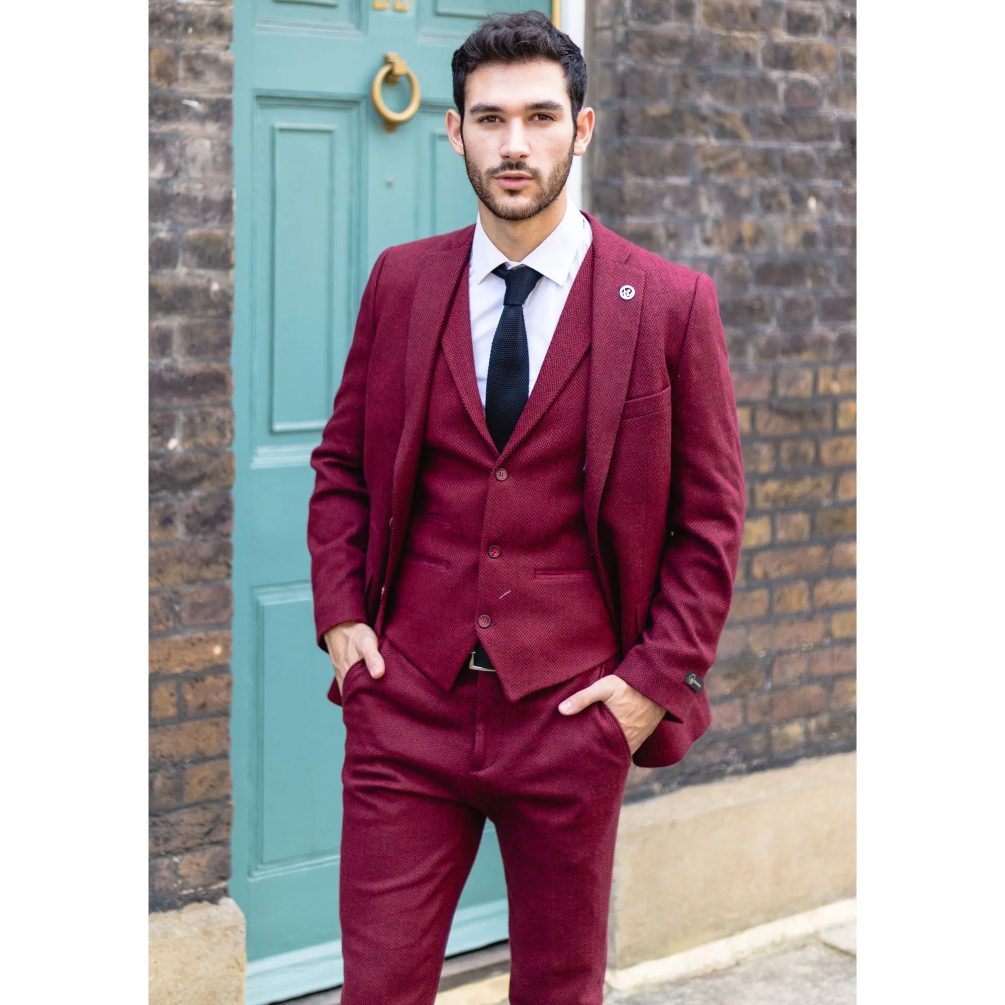 Men's Herringbone Wine Maroon 3 Piece Tweed Suit - STZ11