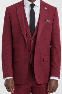 Men's Herringbone Wine Maroon 3 Piece Tweed Suit - STZ11