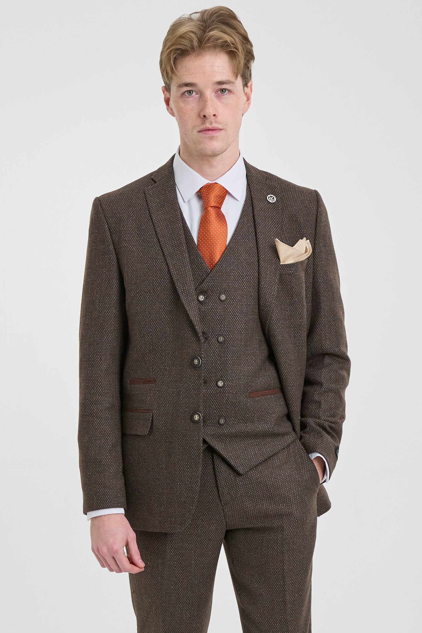 Mens Brown 3 Piece Suit with Double Breasted Waistcoat
