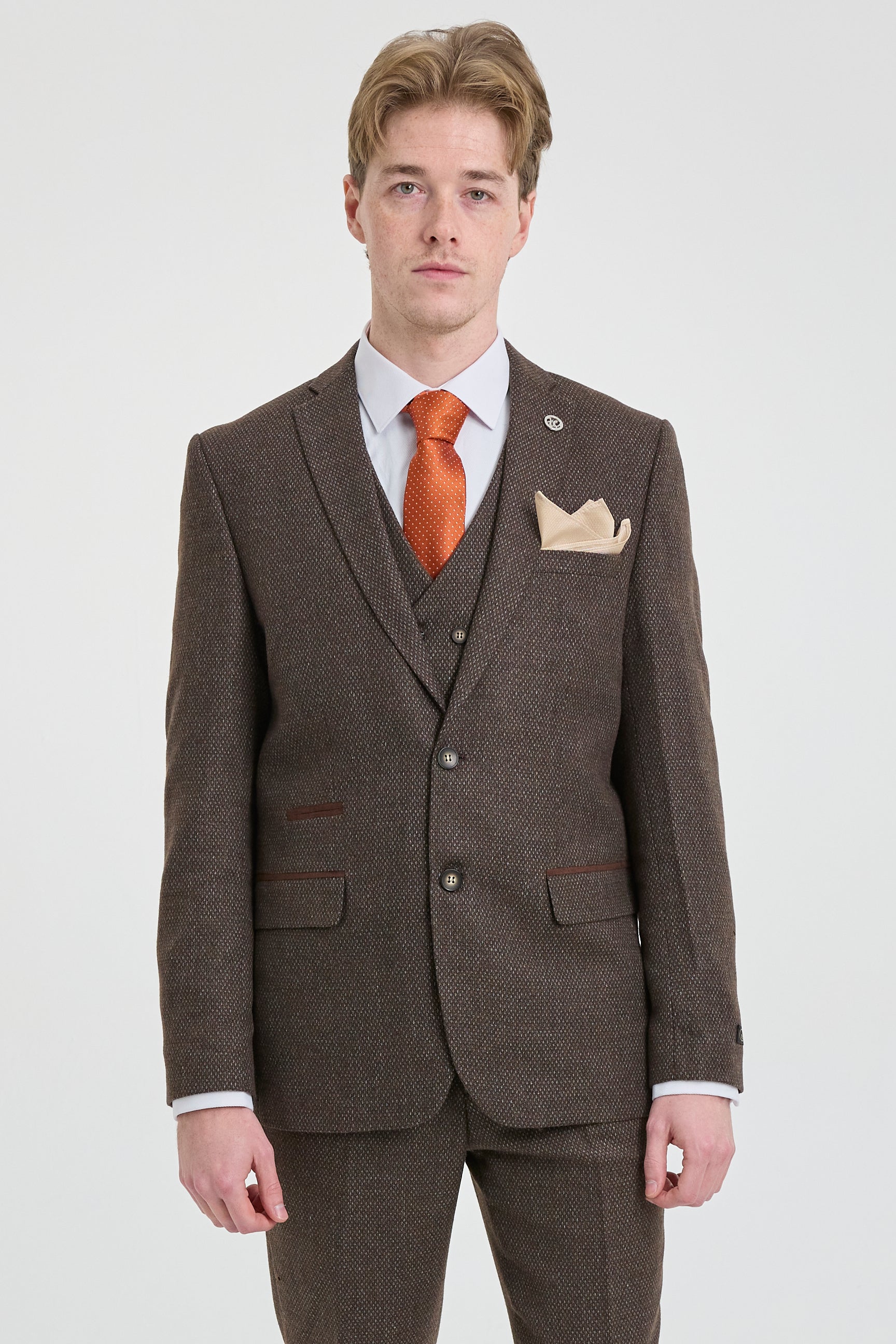 Mens Brown 3 Piece Suit with Double Breasted Waistcoat