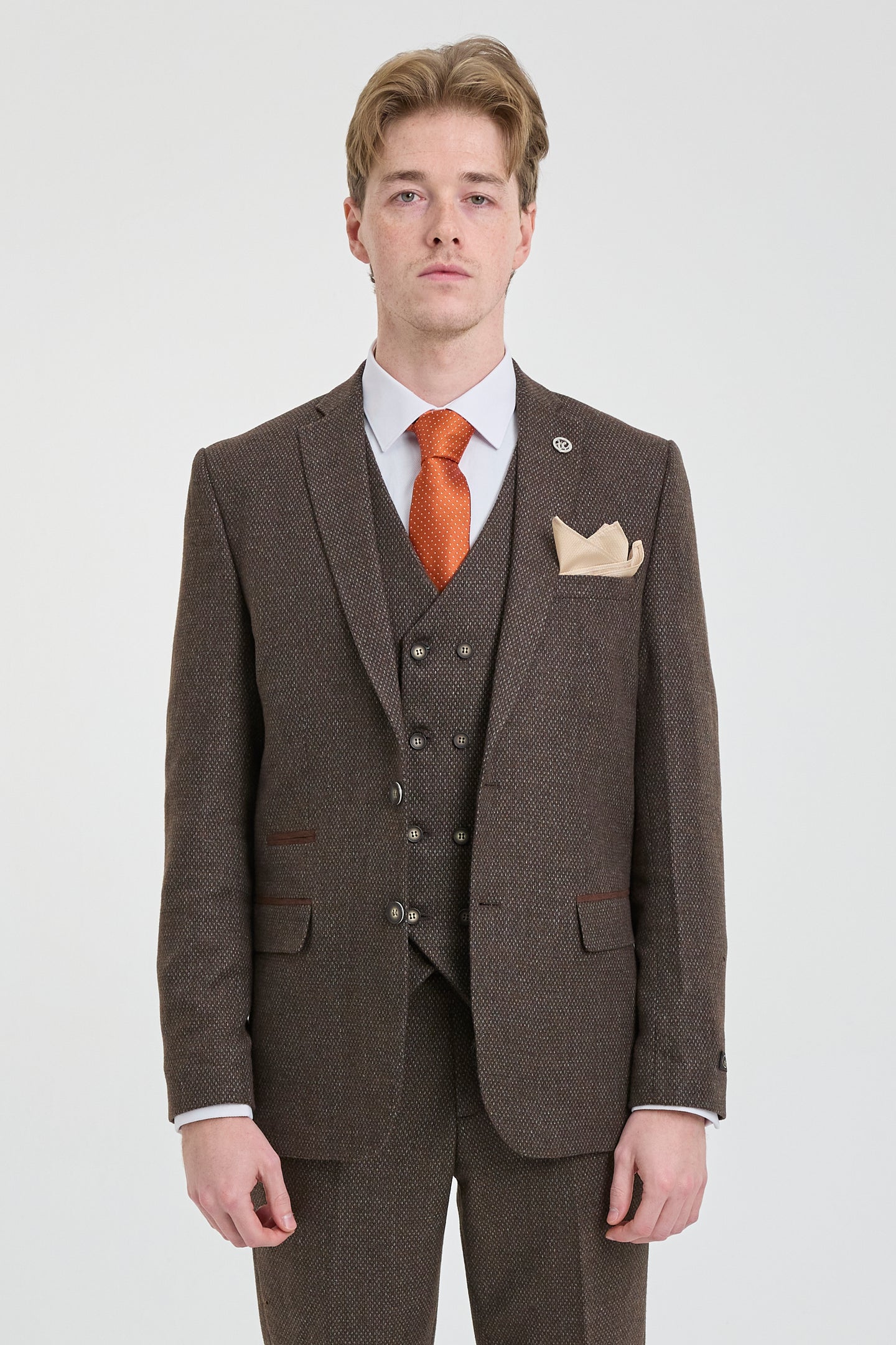Mens Brown 3 Piece Suit with Double Breasted Waistcoat