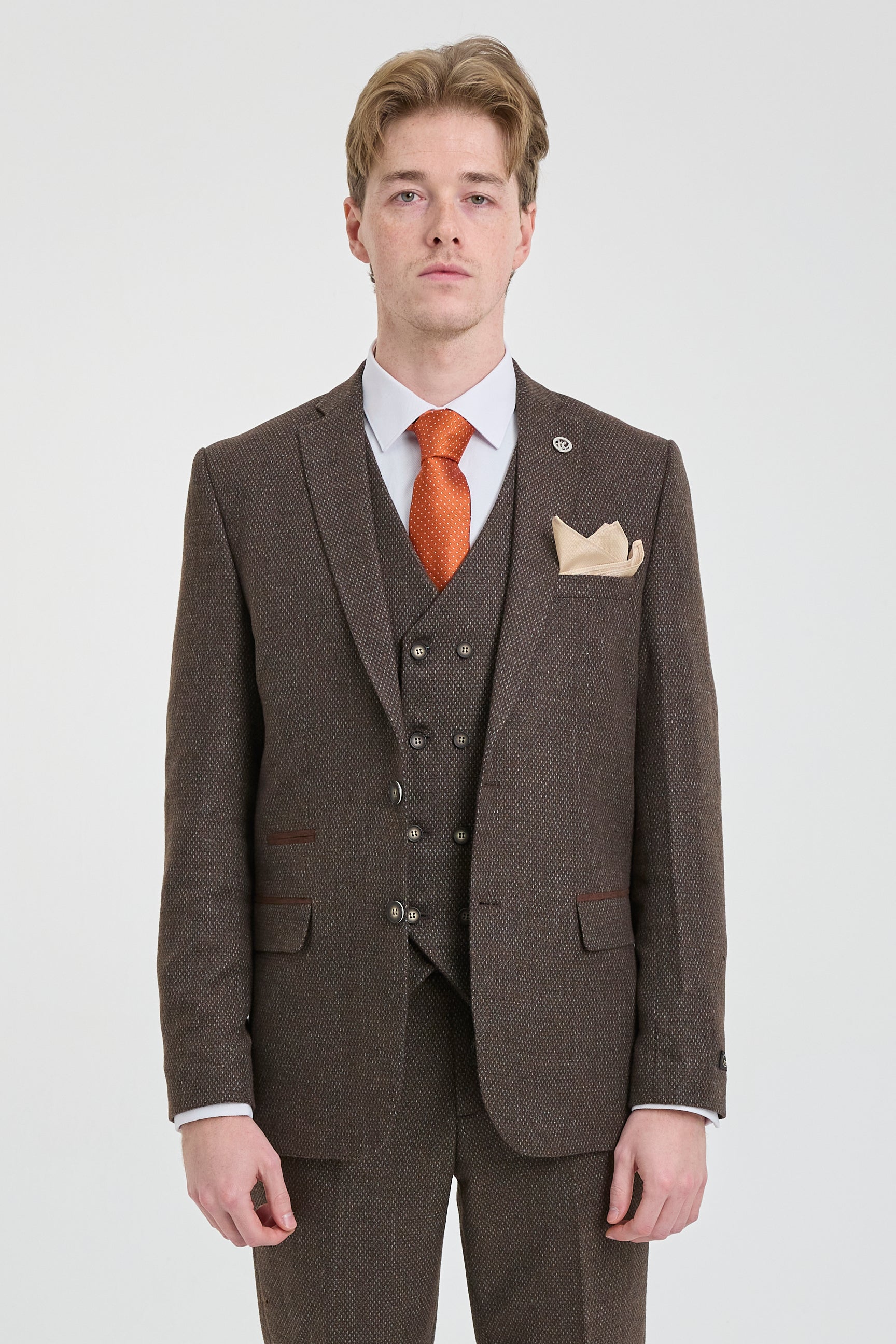 Mens Brown 3 Piece Suit with Double Breasted Waistcoat