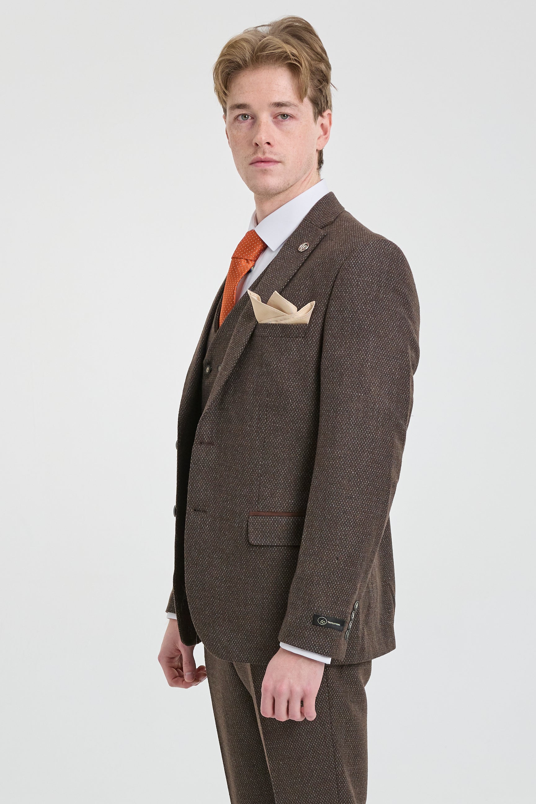 Mens Brown 3 Piece Suit with Double Breasted Waistcoat