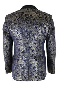 STZ63 - Mens Velvet Paisley Floral Blue Gold Tuxedo Blazer