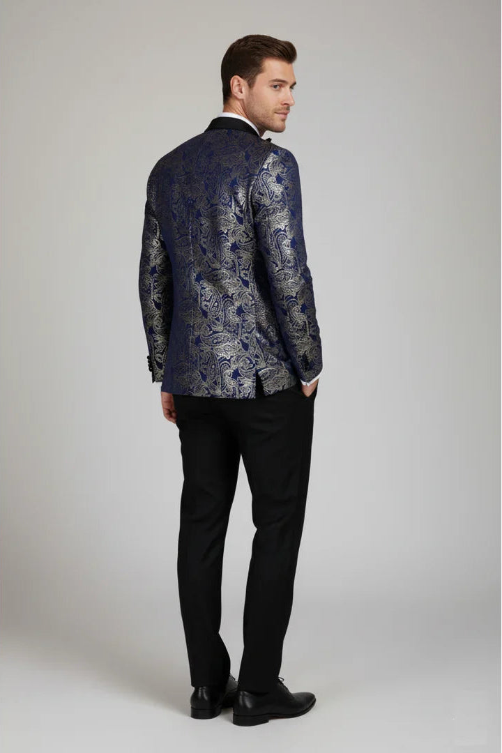 STZ63 - Mens Velvet Paisley Floral Blue Gold Tuxedo Blazer, 52 STZ63 - Mens Velvet Paisley Floral Blue Gold Tuxedo Blazer, 52